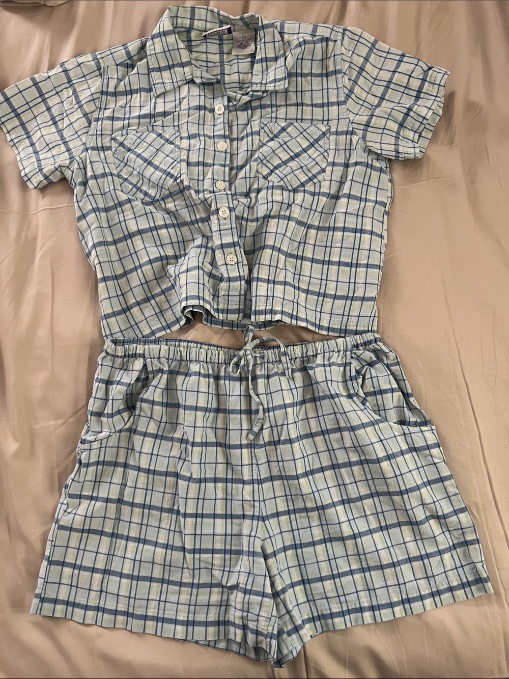 Vintage Y2K Cotton Plaid Button Crop Top & Drawstring Shorts Set Lounge Pajama